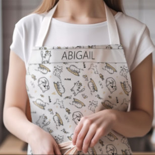 Cute Cats Pattern and Name or Monogram White Apron