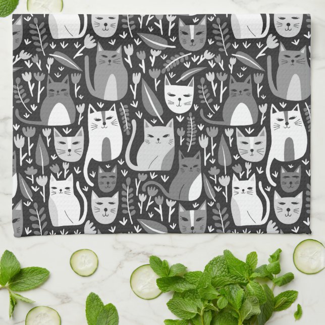 Cute Cats Pattern Botanical Floral Black and White Tea Towel (Folded)