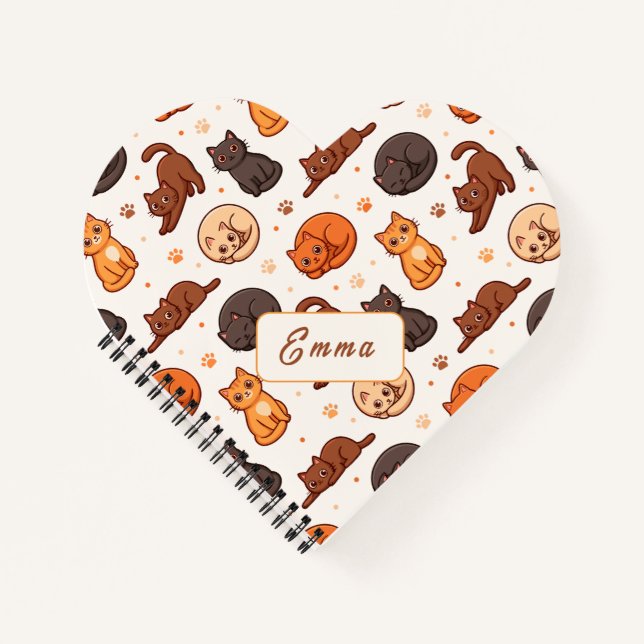 Cute Cats Pattern Custom Monogram Heart Keepsake Notebook (Front)