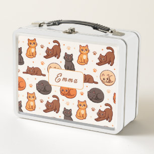 Cute Cats Pattern Custom Monogram Name Kids Metal Lunch Box