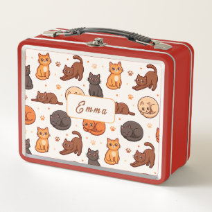Cute Cats Pattern Custom Monogram Name Kids Metal Lunch Box