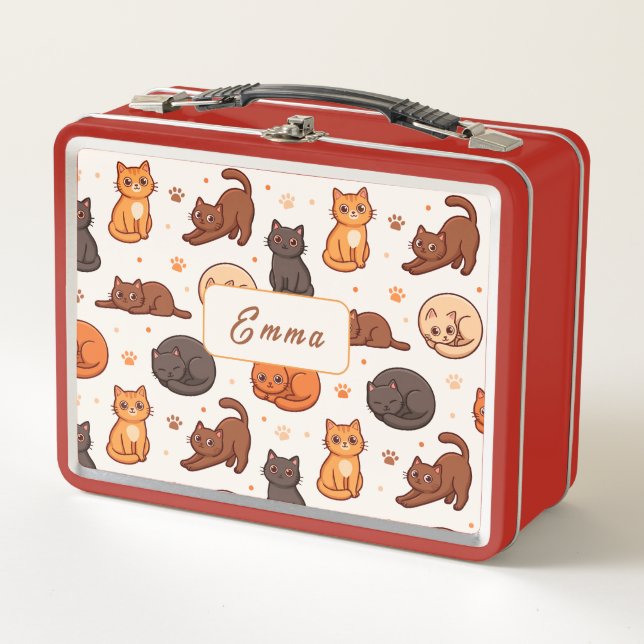 Cute Cats Pattern Custom Monogram Name Kids  Metal Lunch Box (Front)