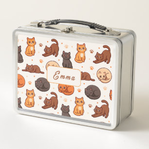 Cute Cats Pattern Custom Monogram Name Kids Metal Lunch Box