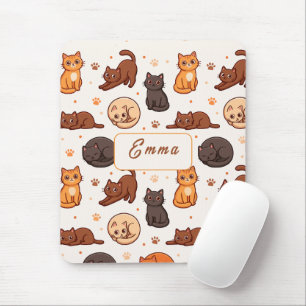 Cute Cats Pattern Custom Monogram Name Kids Mouse Pad
