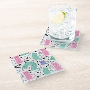 Cute Cats Pattern Glass Coaster