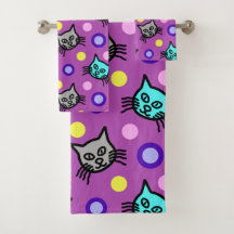 Cute Cats Pattern in Violet Bath Towel Set