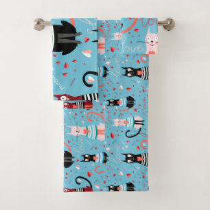 Cute cats pattern on a blue background bath towel set