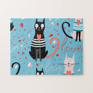 Cute cats pattern on a blue background jigsaw puzzle
