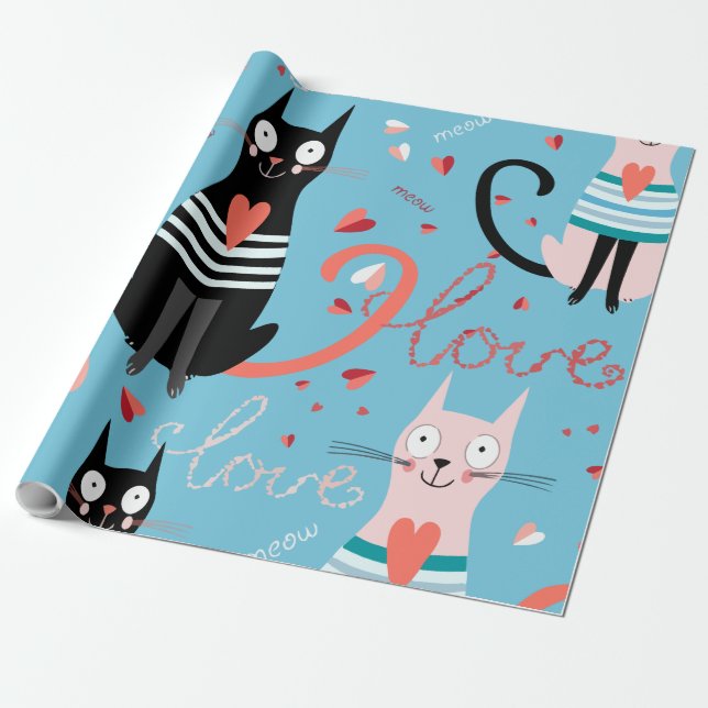 Cute cats pattern on a blue background wrapping paper (Unrolled)