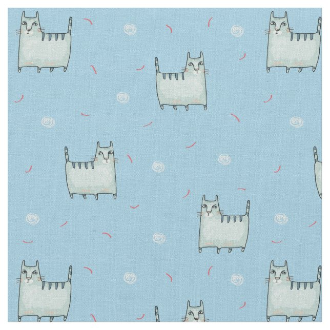 Cute Cats Pattern on Blue Fabric (Close Up)