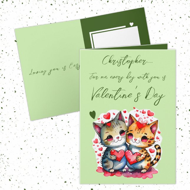Cute cats personalised name green Valentine's Day Card (Creator Uploaded)