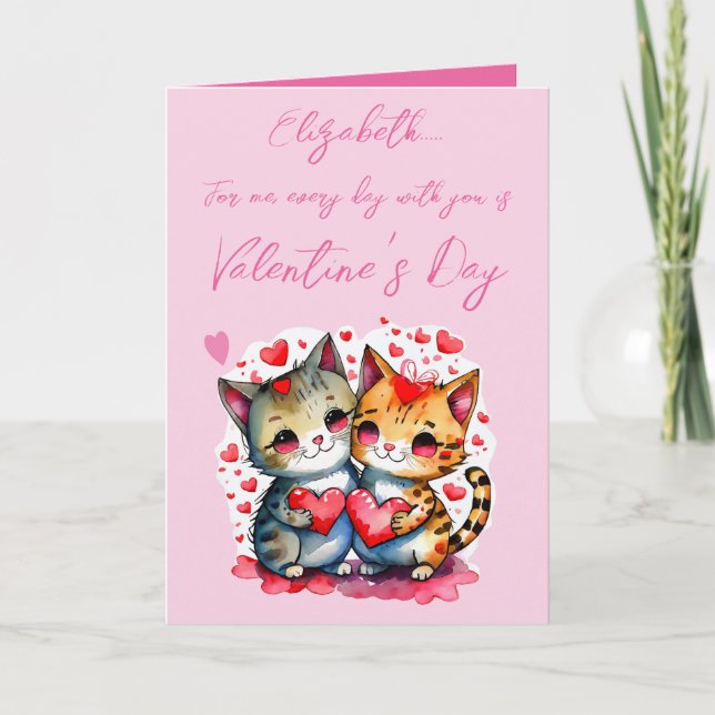 Cute cats personalised name pink Valentine's Day Card (Front)