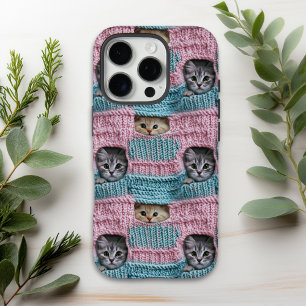 Cute Cats Pink Blue Knitting Girly iPhone 16 Pro Case