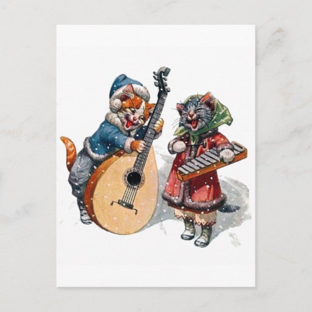 Cute Cats Play Mandolin and Xylophone in the Snow Postcard (Front)