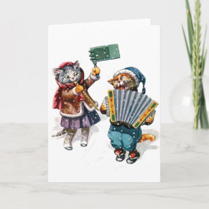 Cute Cats Play the Accordion in the Snow Holiday Card