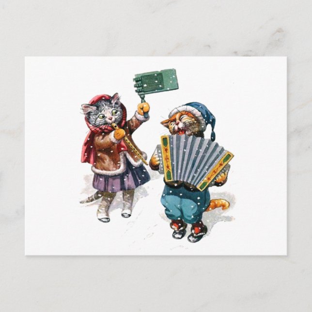 Cute Cats Play the Accordion in the Snow Postcard (Front)