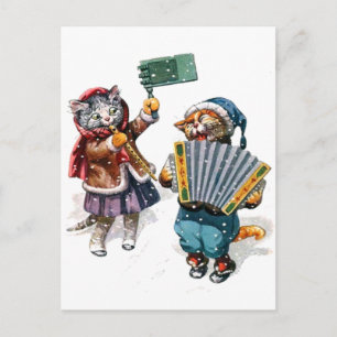 Cute Cats Play the Accordion in the Snow Postcard