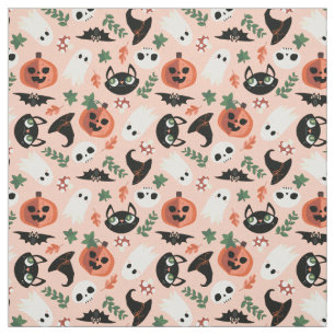 Cute Cats & Pumpkins Blush Black Halloween Pattern Fabric