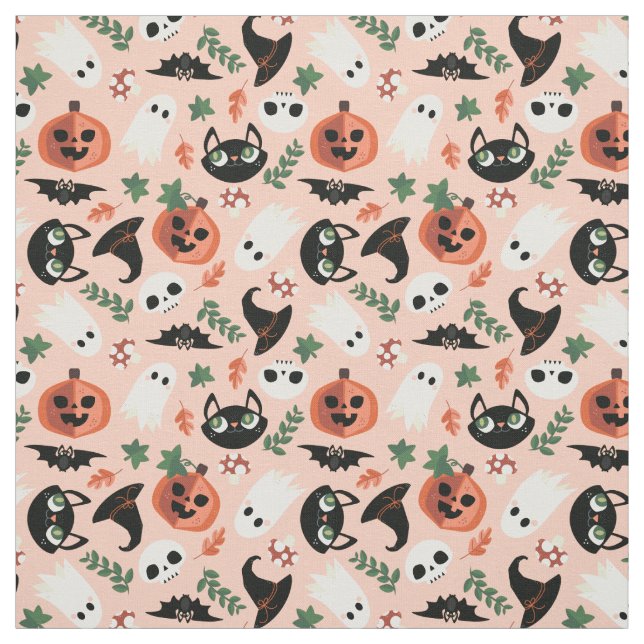 Cute Cats & Pumpkins Blush Black Halloween Pattern Fabric (Swatch)