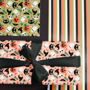 Cute Cats & Pumpkins Mixed Halloween Patterns Wrapping Paper Sheet