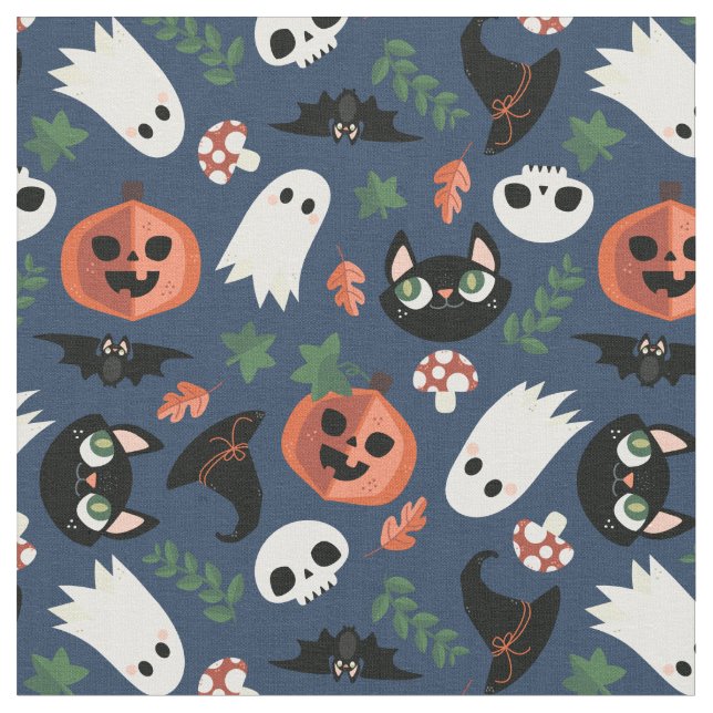 Cute Cats & Pumpkins Navy Blue Halloween Pattern Fabric (Close Up)