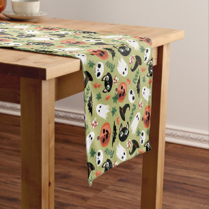 Cute Cats & Pumpkins Olive Black Halloween Pattern Short Table Runner