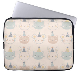 Cute Cats Rabbits and Bears Faces Pastel Pattern Laptop Sleeve