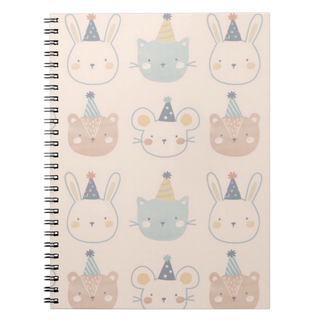 Cute Cats Rabbits and Bears Faces Pastel Pattern Notebook (Front)