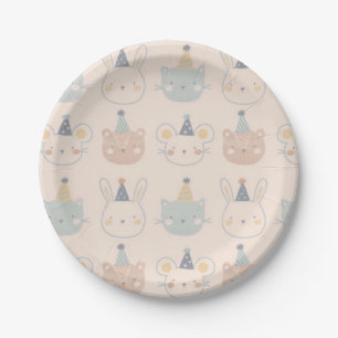Cute Cats Rabbits and Bears Faces Pastel Pattern Paper Plate