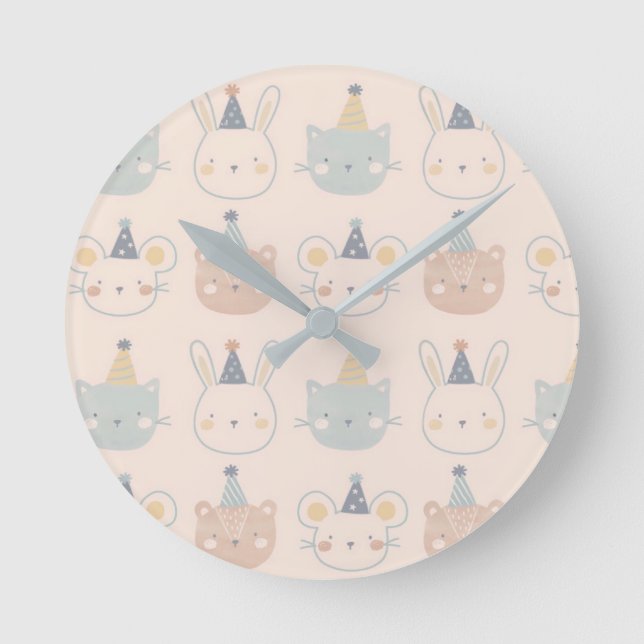 Cute Cats Rabbits and Bears Faces Pastel Pattern Round Clock (Front)