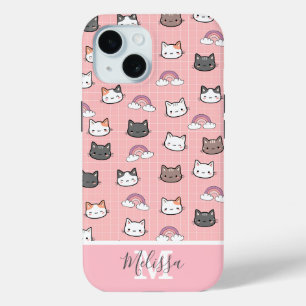 Cute Cats & Rainbow Monogram iPhone 15 Case
