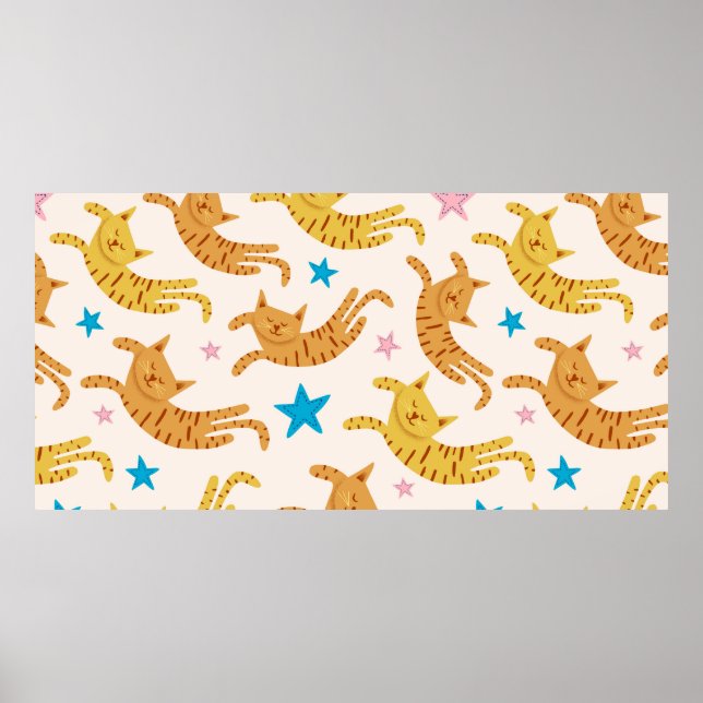 Cute cats seamless pattern with stars funny drawin poster (Front)