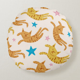 Cute cats seamless pattern with stars funny drawin round cushion