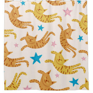 Cute cats seamless pattern with stars funny drawin shower curtain