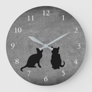 Cute cats silhouettes on chalkboard large clock