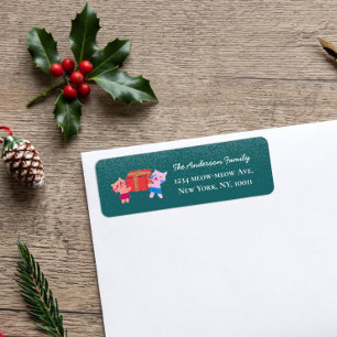 Cute cats snow falling green xmas return address label