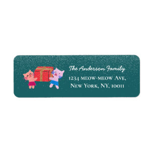 Cute cats snow falling green xmas return address label