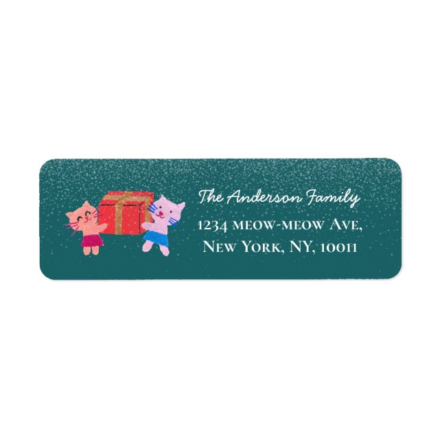 Cute cats snow falling green xmas return address label (Front)