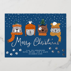 Cute Cats & Snowflakes Custom Christmas Photo Foil Holiday Card