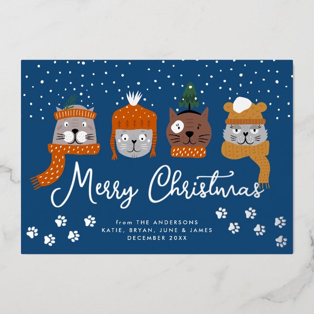 Cute Cats & Snowflakes Custom Christmas Photo Foil Holiday Card (Front)