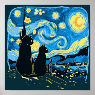 Cute Cats Starry Night Van Gogh Father Mother Son Poster