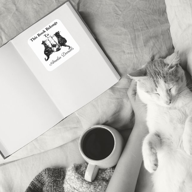 Cute Cats This Book Belongs To Square Sticker (Bookplate stickers for cat lovers)