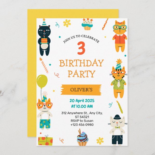 Cute Cats Three 3rd Birthday Party Invitation   (Front/Back)