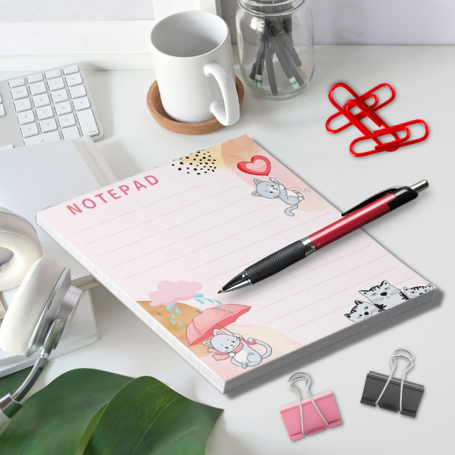 Cute Cats Umbrella Balloon Pink Themed Solid Line Notepad (Creator Uploaded)