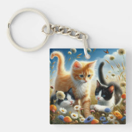 Cute Cats Wildflower Garden Acrylic Keychain
