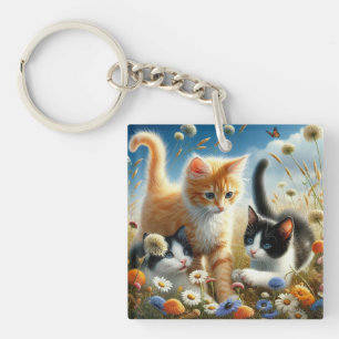 Cute Cats Wildflower Garden Acrylic Keychain