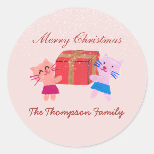 Cute cats with gift box blush pink Christmas  Classic Round Sticker