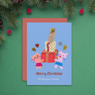 Cute cats with gifts blue Christmas Holiday Card