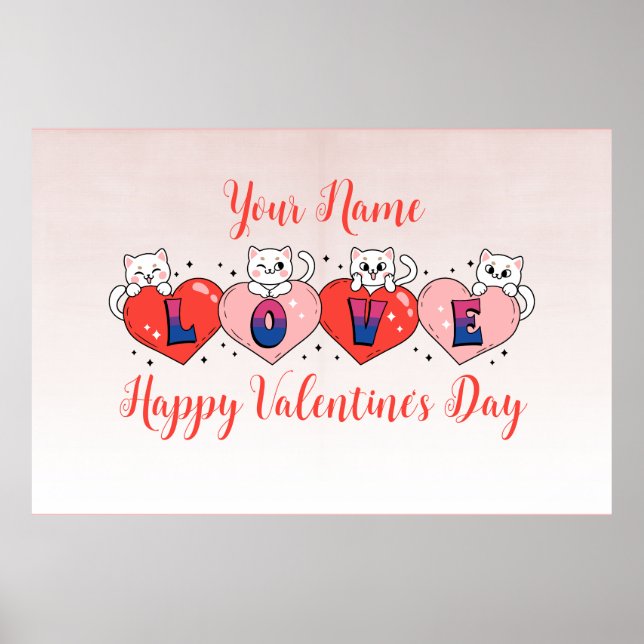 Cute Cats With Hearts, Bisexual Flag Colours Poster (Front)