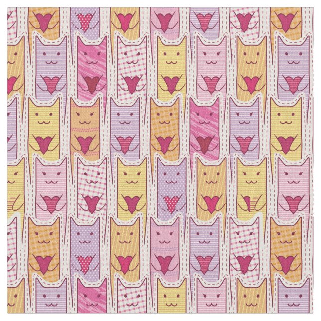 Cute Cats with Loving Hearts Fabric (Close Up)